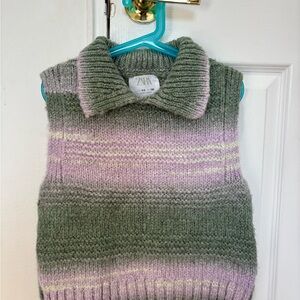 ZARA Olive-Green Ribbed Knit Sweater Vest